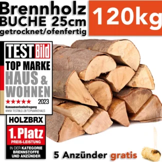 Brennholz Kaminholz Feuerholz Buche 120kg im Karton / 25cm Länge ofenfertig gesägt gespalten getrocknet (firewood beech / bois de chauffage hêtre) HOLZBRX