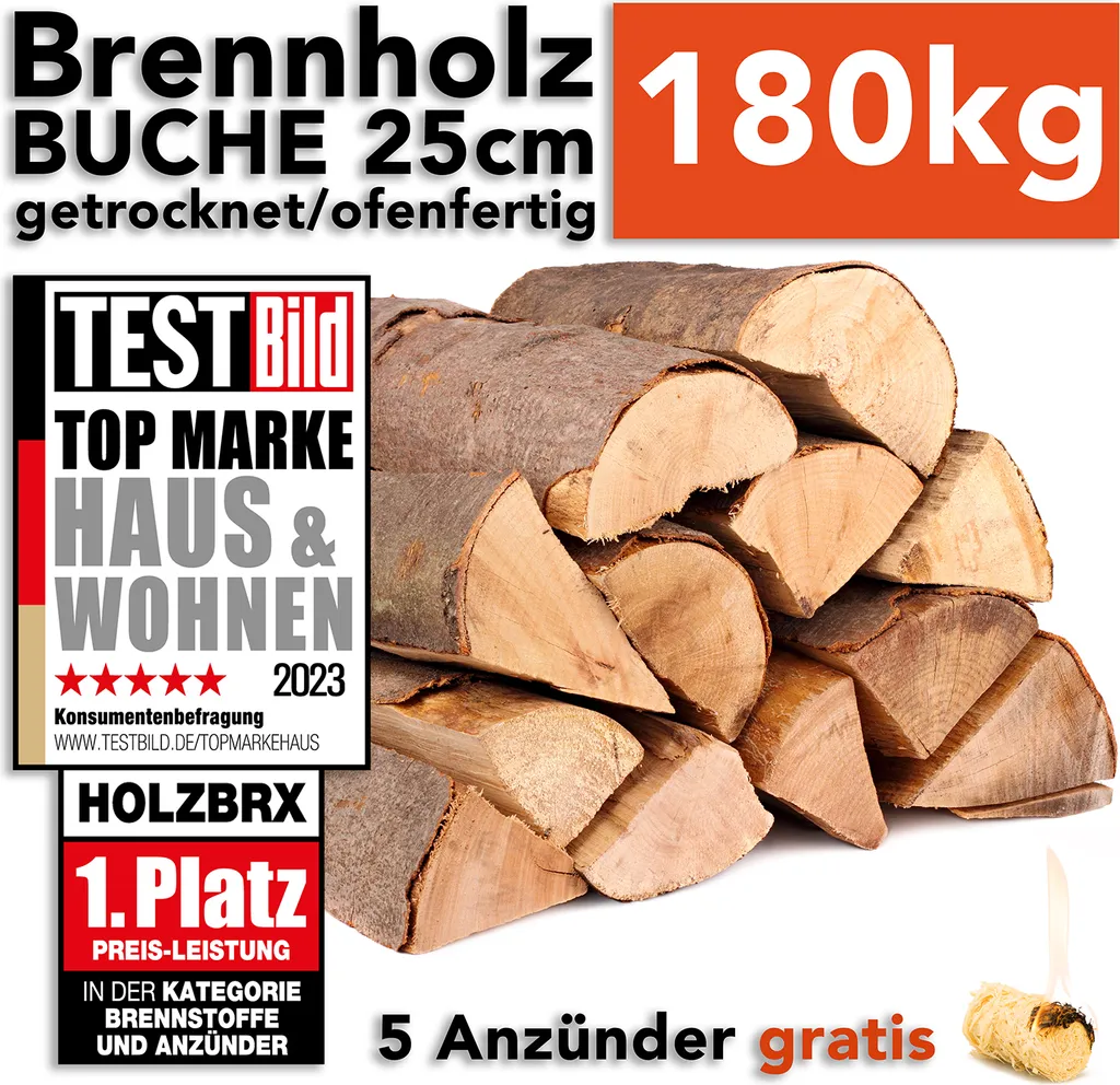 Brennholz Kaminholz Feuerholz Buche 180kg im Karton / 25cm Länge ofenfertig gesägt gespalten getrocknet (firewood beech / bois de chauffage hêtre) HOLZBRX