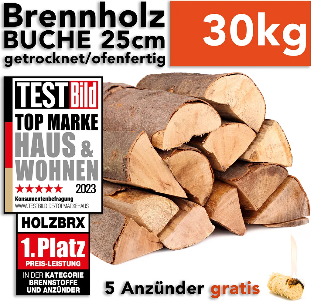 Brennholz Kaminholz Feuerholz Buche 30kg im Karton / 25cm Länge ofenfertig gesägt gespalten getrocknet (firewood beech / bois de chauffage hêtre) HOLZBRX