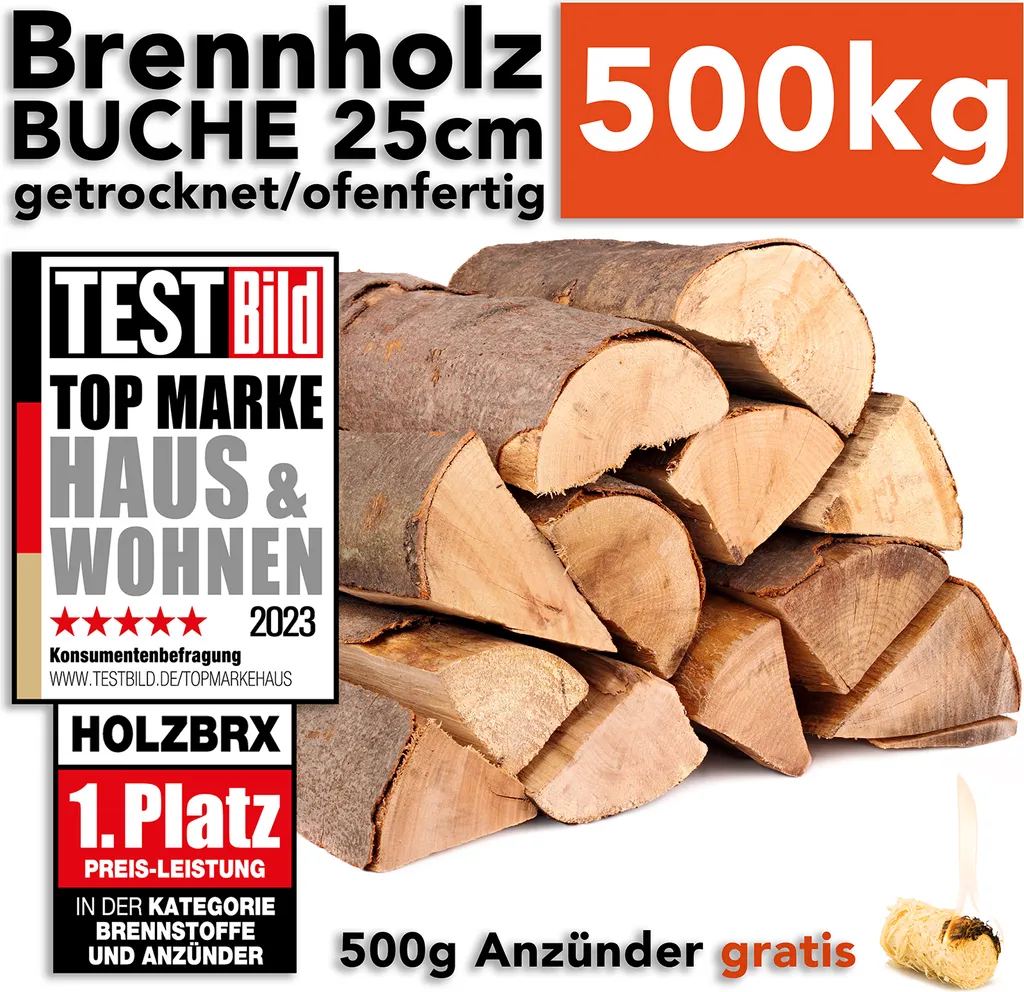 Brennholz Kaminholz Feuerholz Buche 500kg auf Palette / 25cm ofenfertig gesägt gespalten getrocknet (firewood beech / bois de chauffage hêtre) HOLZBRX