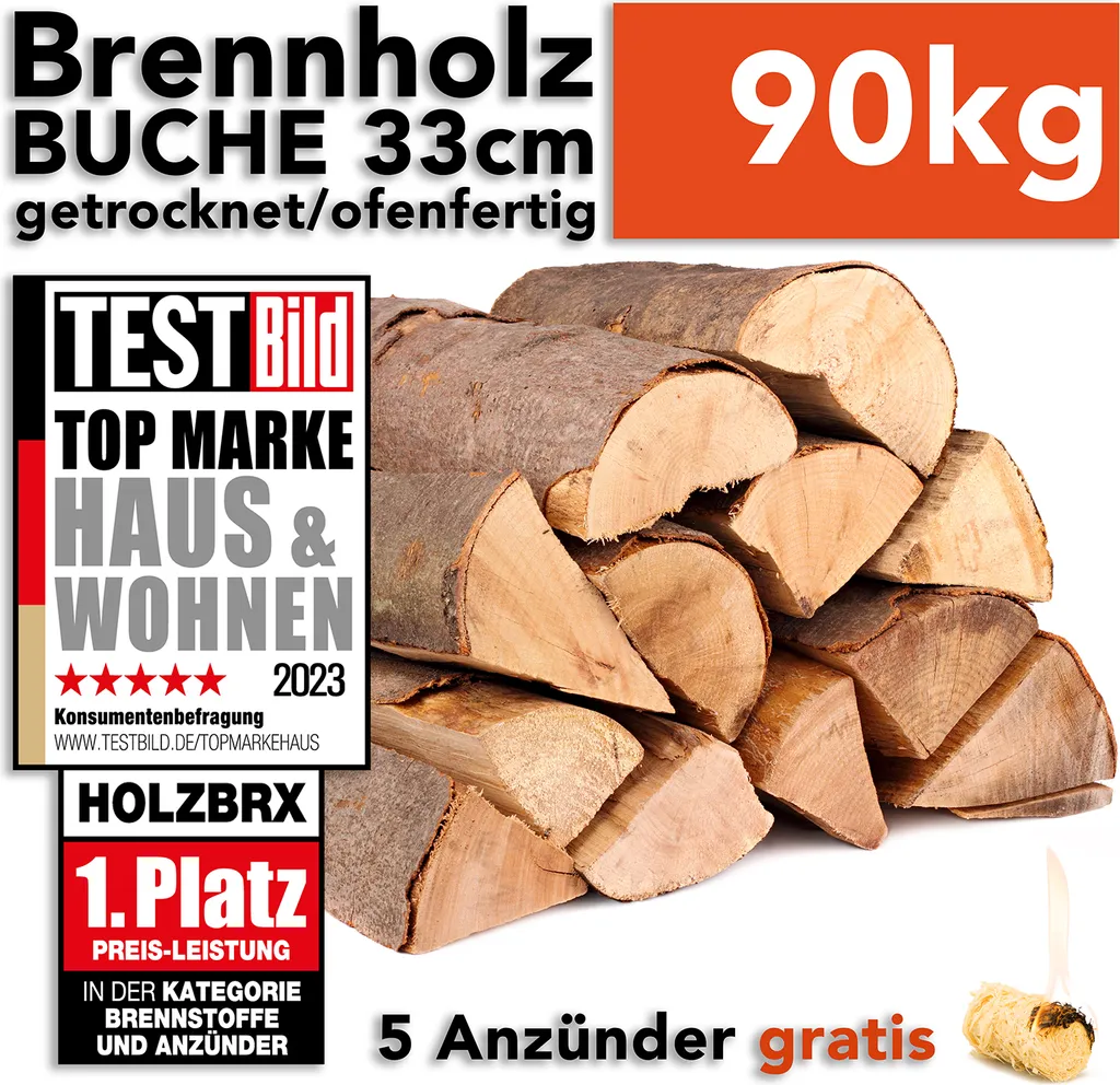Brennholz Kaminholz Feuerholz Buche 90kg im Karton / 33cm Länge ofenfertig gesägt gespalten getrocknet (firewood beech / bois de chauffage hêtre) HOLZBRX
