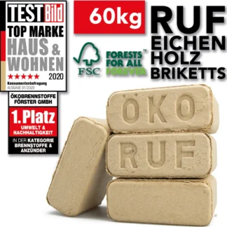 Holzbriketts RUF Briketts EICHE 60kg Eichenbriketts (Eichenholzbriketts) für Kamin Kaminofen zum Heizen mit langer Glutdauer wie Kohle oder Kohlebriketts