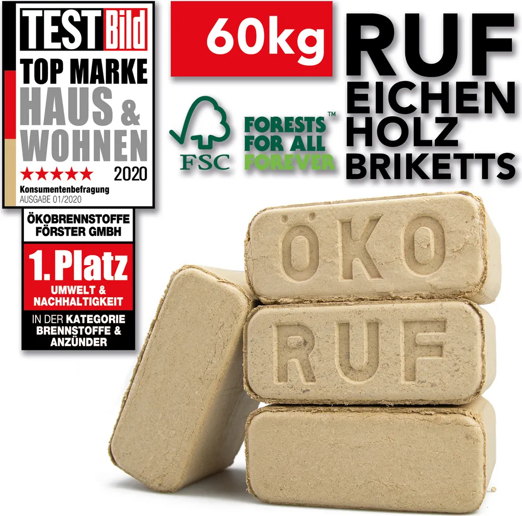 Holzbriketts RUF Briketts EICHE 60kg Eichenbriketts (Eichenholzbriketts) für Kamin Kaminofen zum Heizen mit langer Glutdauer wie Kohle oder Kohlebriketts