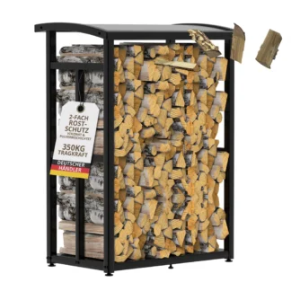 Kaminholzregal Terrasse und Balkon 91×56×117 cm mit Dach Stellfüße Metall verzinkt für 25cm Brennholz Garten Holzunterstand schwarz platzsparend