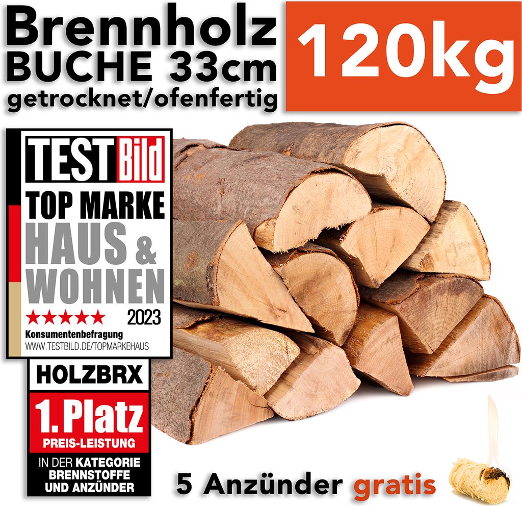 Ofenfertiges Buchenbrennholz 120kg in 33cm Scheiten – Ansicht 1