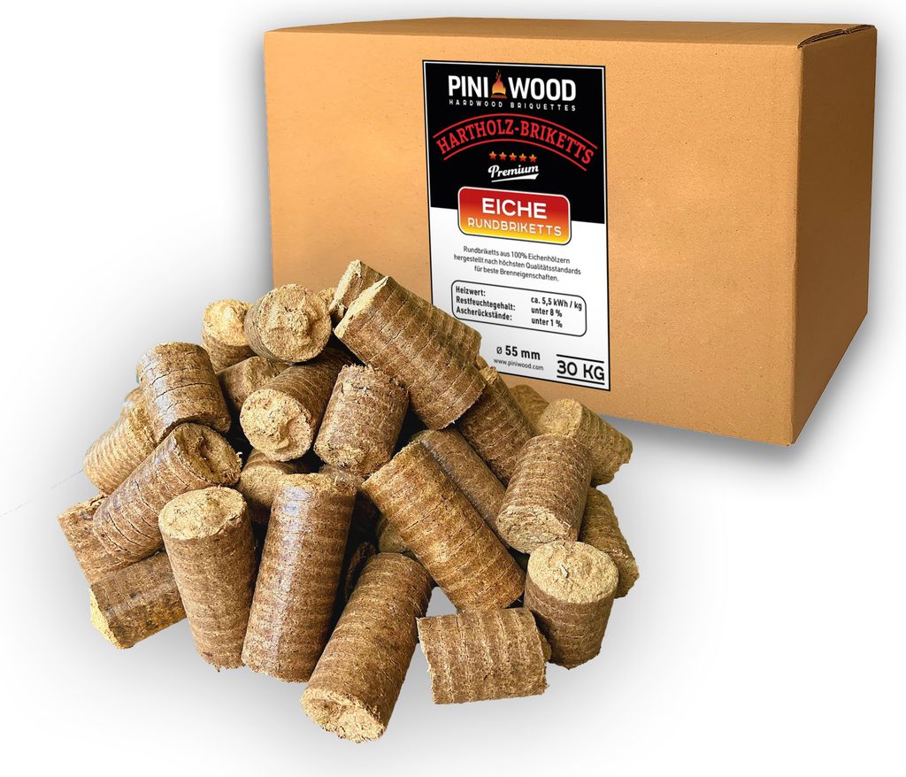 PINI Hartolzbriketts 30 kg aus 100% Eiche – Langanhaltende Wärme für Kamin und Ofen – Ansicht 1