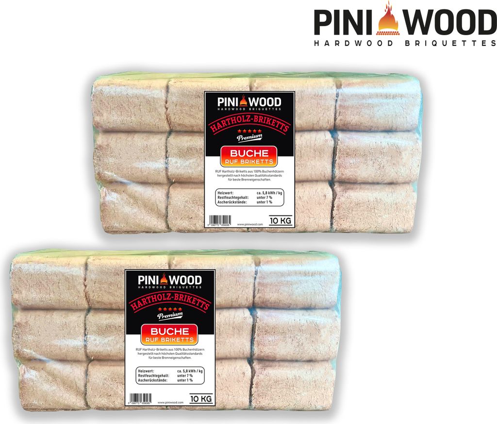 PINI Holzbriketts 20 kg aus 100% Buche – Hochwertige Kaminbriketts mit langer Brenndauer – Ansicht 1