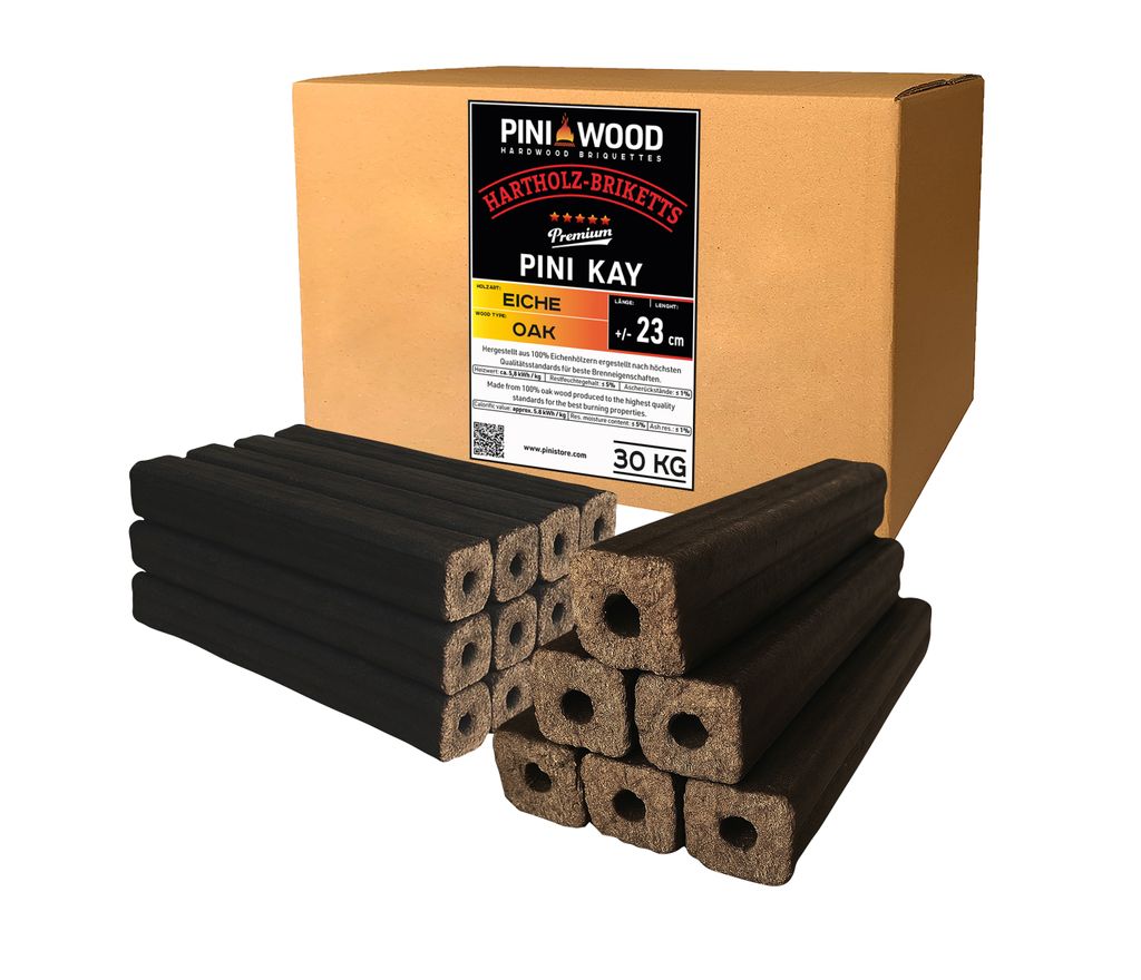PINI Kay Eichenholzbriketts 23 cm – 30 kg Hochwertige Hartholzbriketts für Kamin und Grill – Ansicht 1