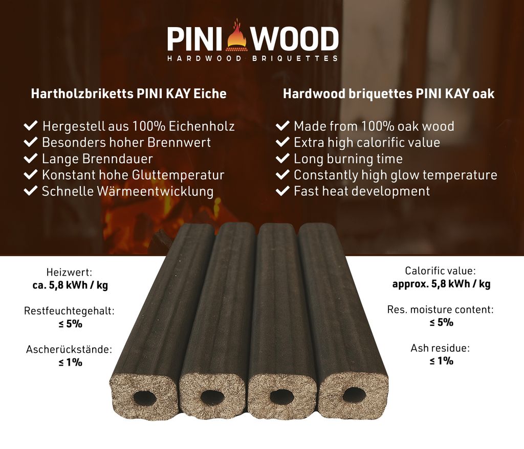 PINI Kay Eichenholzbriketts 23 cm – 30 kg Hochwertige Hartholzbriketts für Kamin und Grill – Ansicht 4