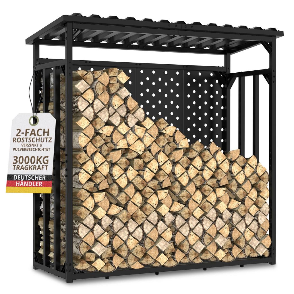 Robustes Kaminholzregal mit Rückwand und Dach aus verzinktem Metall, 187x88x186 cm – Ansicht 1