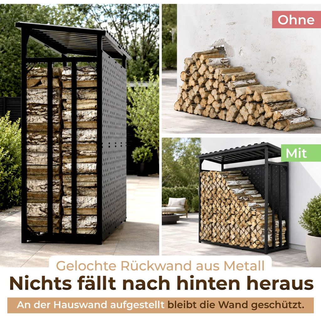 Robustes Kaminholzregal mit Rückwand und Dach aus verzinktem Metall, 187x88x186 cm – Ansicht 3