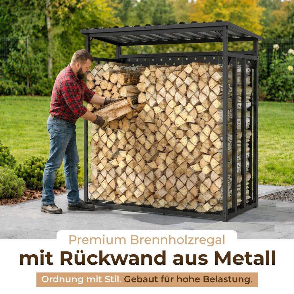 Robustes Kaminholzregal mit Rückwand und Dach aus verzinktem Metall, 187x88x186 cm – Ansicht 4